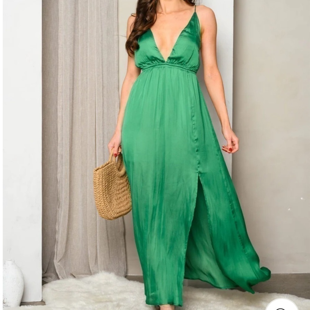 Boho Bohemian emerald green deep plunge maxi dress
